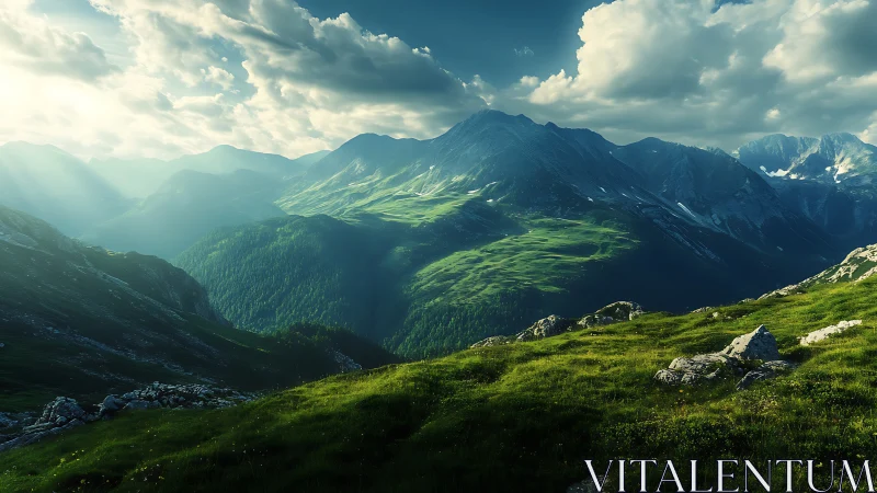 Sunlit alpine ridges bask under dramatic cloud-swept skies.