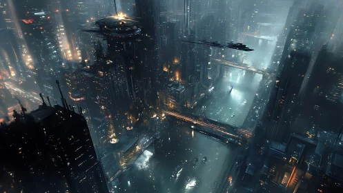 Midnight rivers weaving through a neon-soaked future city.