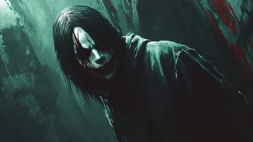 Hooded horror figure with smeared clown mask in alleyway.