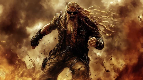 Long-haired armored figure advances through dense smoke field