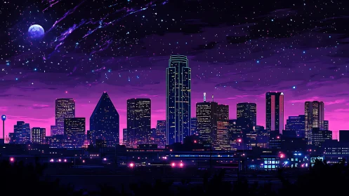 Neon city skyline glows softly beneath a starry violet sky