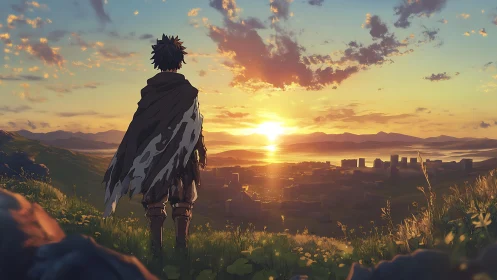 Cloaked traveler overlooking sunlit valley city at dusk.