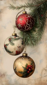 Tri-spherical glass ornaments under evergreen branch, detailed.