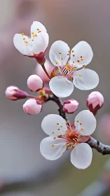 White blossoms with yellow stamens on branching stem display