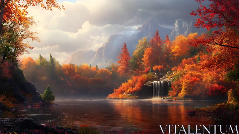 Autumn forest lake with waterfall and distant mountain ridge.