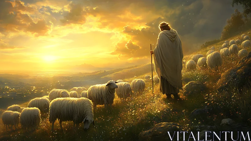 Shepherd with flock on sunlit hillside at golden sunset.