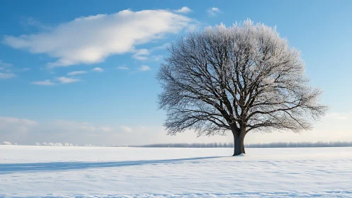 Solitary frosted tree standing in a wide snowy field.