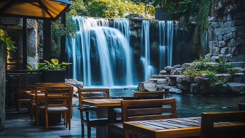 Waterfall restaurant terrace blends nature with urban calm.