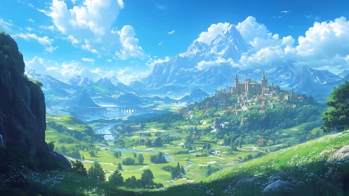 Fantasy valley kingdom under luminous alpine expanse.