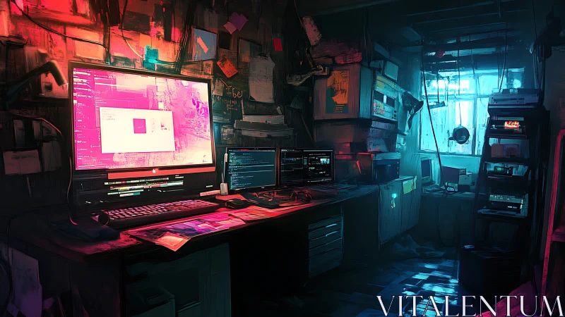 Cyberpunk workstation glows with dual-tone neon screens.