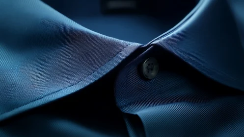 Blue dress shirt collar with button detail.