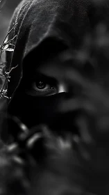 Hidden eye in shadowed hood and foliage in monochrome.