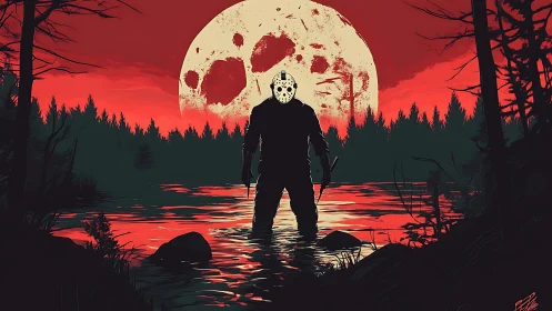 Masked killer stands in blood-red lake under skull moon