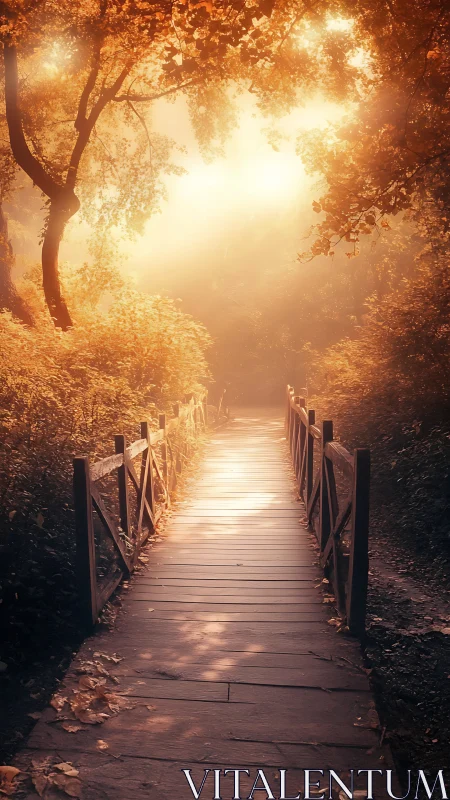 Sunlit wooden bridge wanders into a softly glowing forest veil