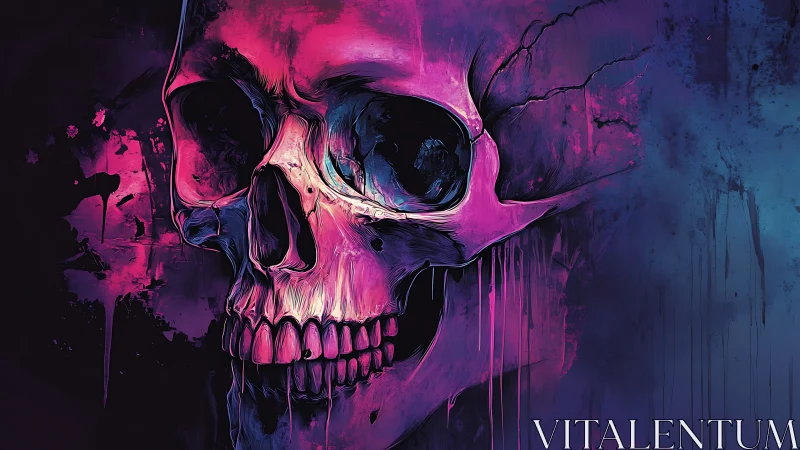 Neon skull artwork with dripping pink and blue gradients.