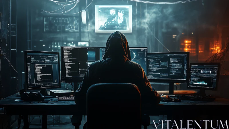 Hooded hacker works in neon-lit command center at night