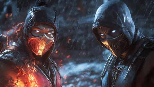 Masked warriors clash in a rain-soaked, fire and ice showdown