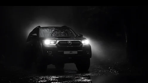 Monochrome off-road SUV in dramatic low-key night lighting.