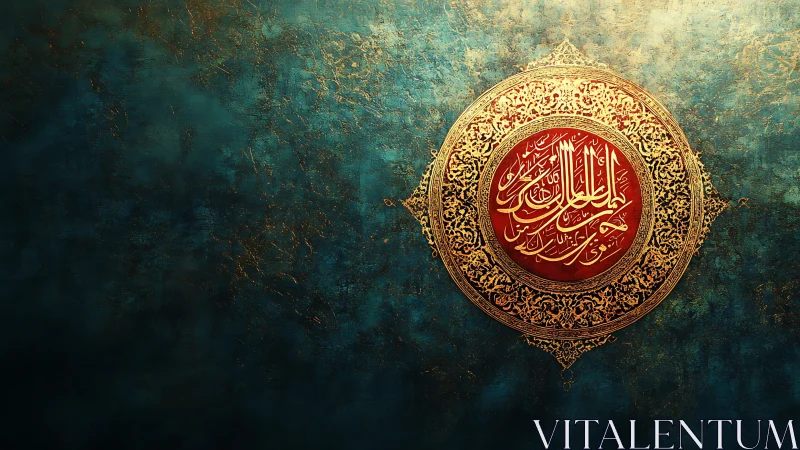 Gilded calligraphy medallion quietly crowns a teal universe