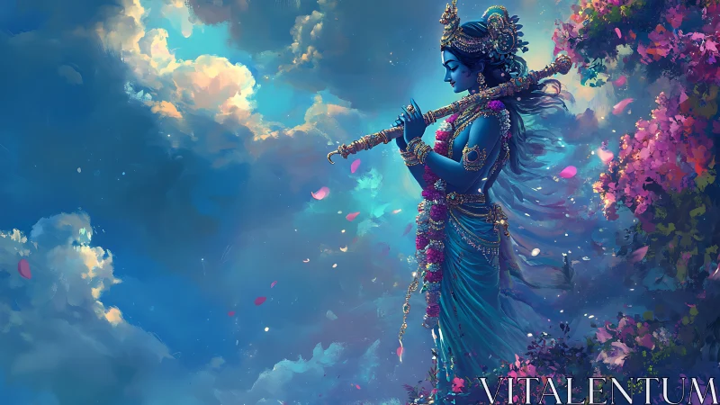 Divine blue musician framed by volumetric clouds and floral bokeh