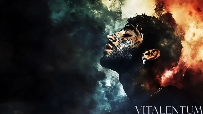 Tattooed male profile dissolves into contrasting colored smoke