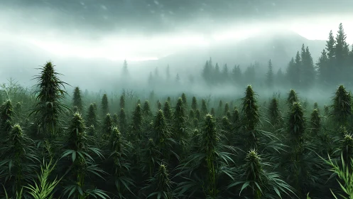 Misty Forest Dreams: Where Mountains Embrace Lush Fields.