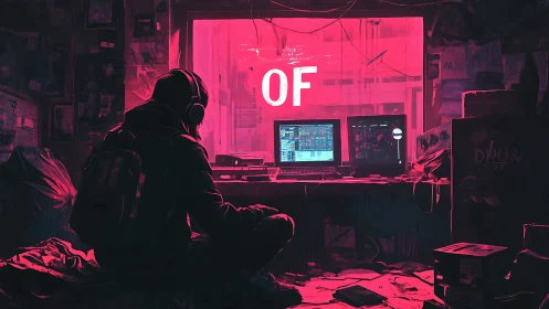 Hooded hacker works at dual monitors in neon pink room.