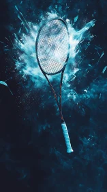 Badminton racket floats amid blue explosive particle burst