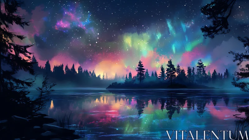 Northern forest lake reflects vivid multicolor aurora sky
