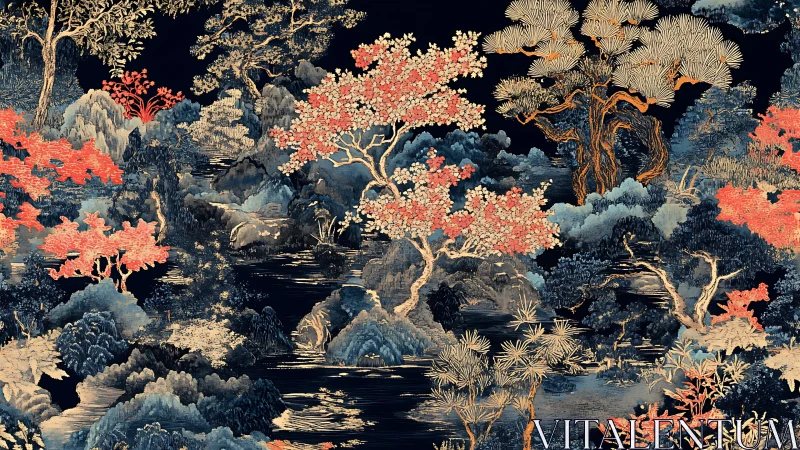 Intricate oriental landscape with coral-toned flowering trees.
