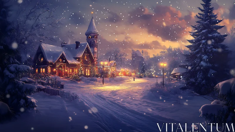 Snow covered village street with lit houses at dusk.