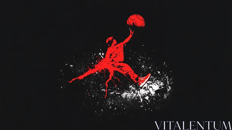 Red streetball silhouette soaring in a splash of energy.