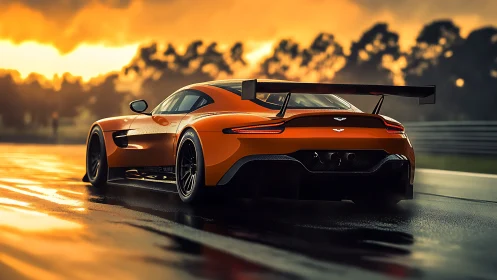 Aerodynamic orange GT race car on wet track at sunset
