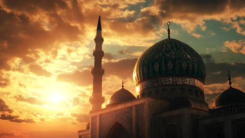 Sunset illuminates domed mosque and minaret in side profile