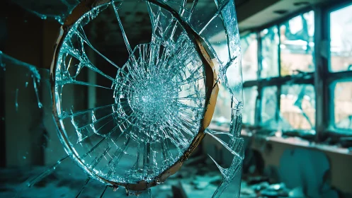 Circular fractured glass pane in abandoned interior space.