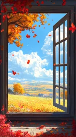 Open window framing bright autumn field and blue sky.