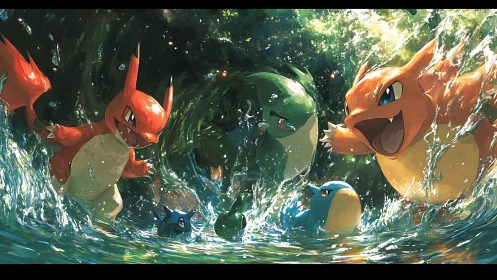 Cartoon reptile creatures interact in dynamic water splash scene