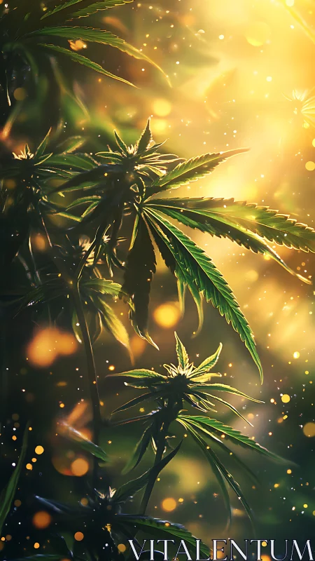 Sunlit cannabis foliage rendered with high dynamic contrast