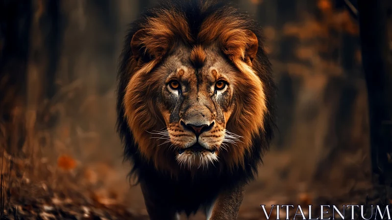 Majestic male lion walks through dark autumn forest