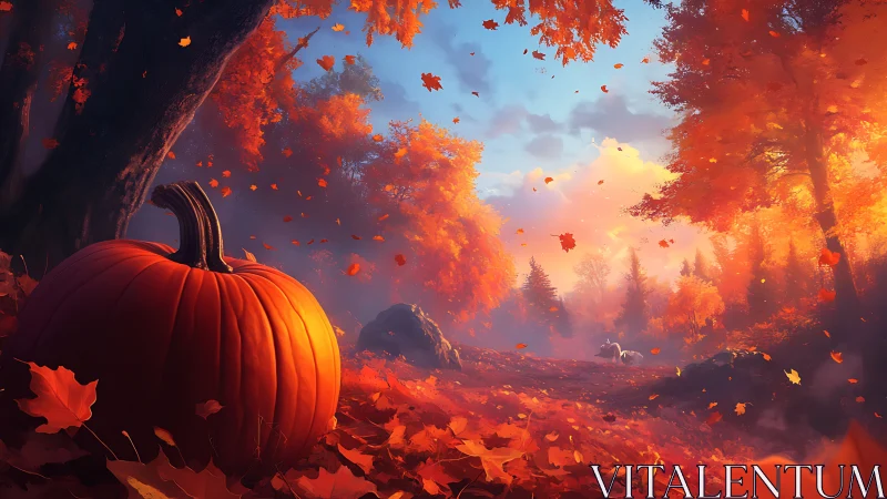 Digital painting of autumn forest path with foreground pumpkin.
