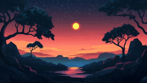 Serene river landscape under vivid sunset sky at dusk.