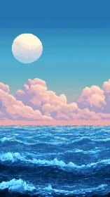 Soft moonrise over pixel waves and cotton candy clouds.