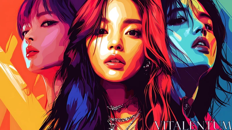 Bold neon portrait of three women in vivid gradients.