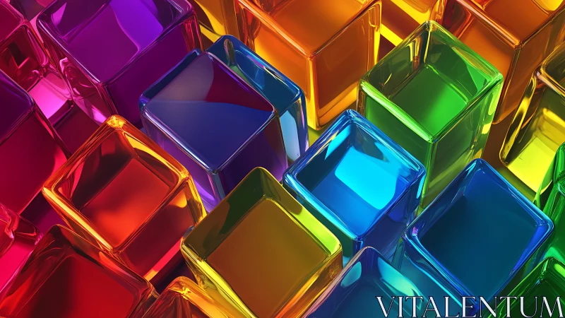 Translucent rainbow cubes stack in glossy geometric grid.