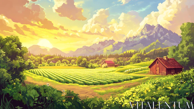 Sunlit valley farm dreams beneath storybook mountain skies.
