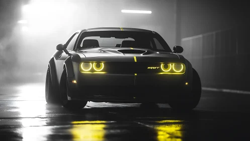 Low-key frontal view of widebody muscle car with yellow LED halos