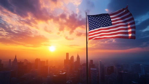 Sunlit American flag waving gently above a glowing city skyline.