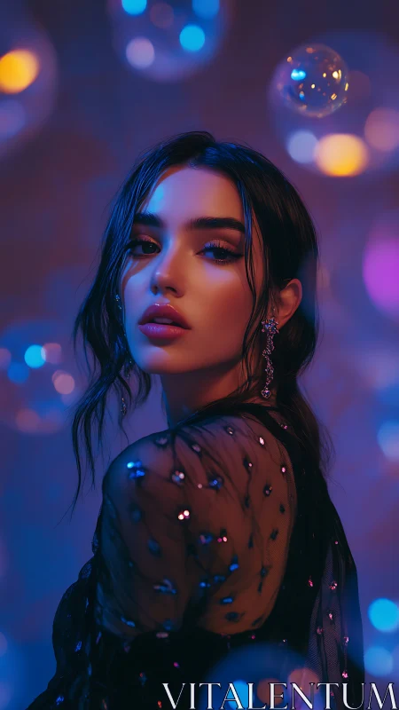 Woman in sequined dress under blue and purple studio lights.