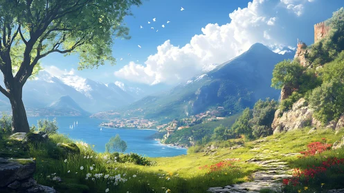 Sunlit cliffside path overlooking a tranquil coastal town.