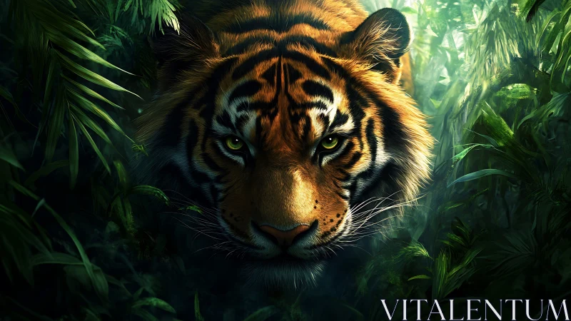 Predatory tiger emerging through dense jungle foliage.